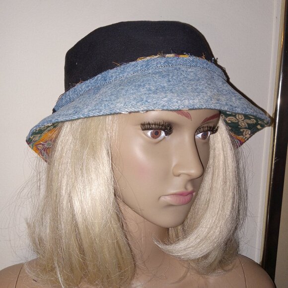 Kantha & Denim Bucket Hat Reversible Black Dark Green Red Patchwork BHAT14. - Picture 7 of 7